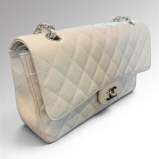 Classic Timeless Double Flap Bag in White Caviar