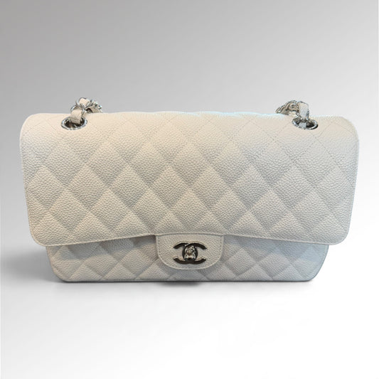 Classic Timeless Double Flap Bag in White Caviar